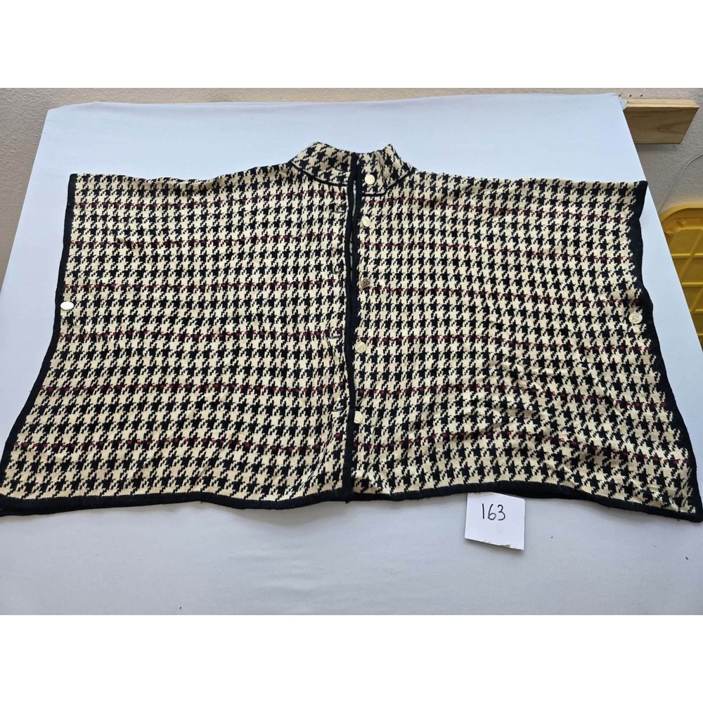 Anne Klein Womens Houndstooth Knit Poncho Sweater Cape Black White Red M